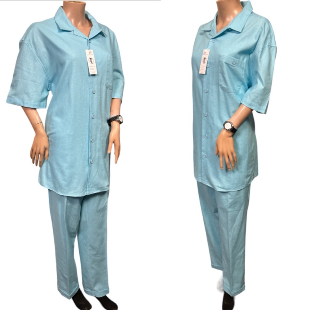 St Patrick Leisure Suit Linen Aqua Blue Two Piece Shirt
& Pants Size L 34 X 32